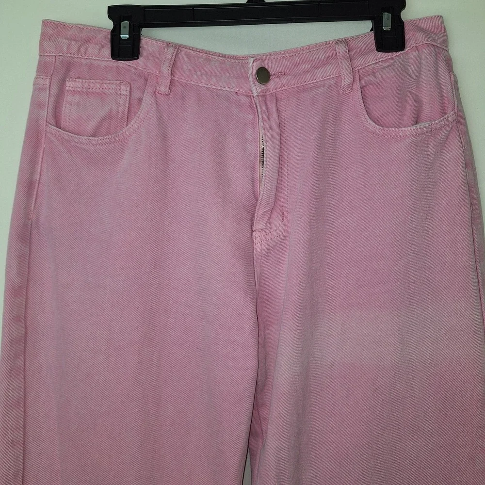 Pink‎ Denim Jeans High Waisted Wide Leg Y2K Bubblegum Sassy Shortcake L Large